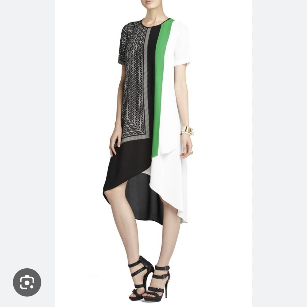 BCBG ADELINE Scarf print Asymmetrical Dress - Black, White, Green.